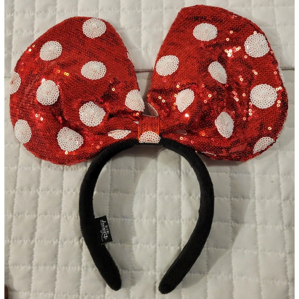 Disney Handmade Shimmering Minnie Mouse Red White Polka Dot Sequin Bow Headband